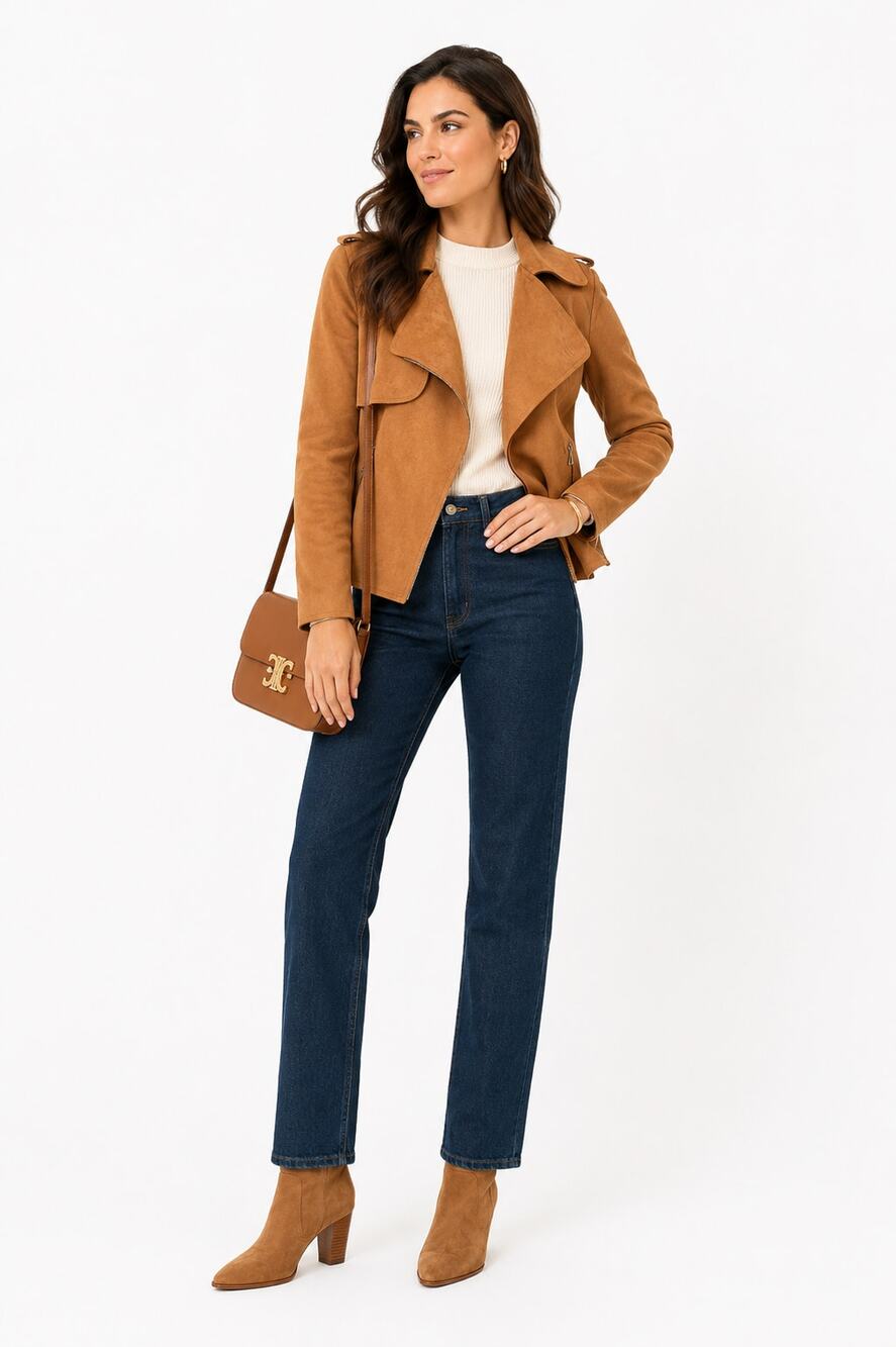 Haute Monde Cognac Faux Suede Moto Jacket Medium Cropped Open Front Fall